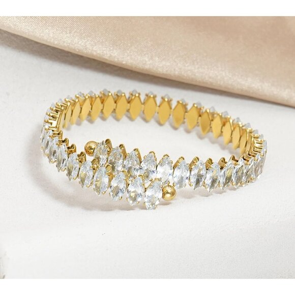 Gold White Rhinestone Cuff Bracelet Cubic Zirconia Tennis Bracelets for Women - Picture 3 of 6